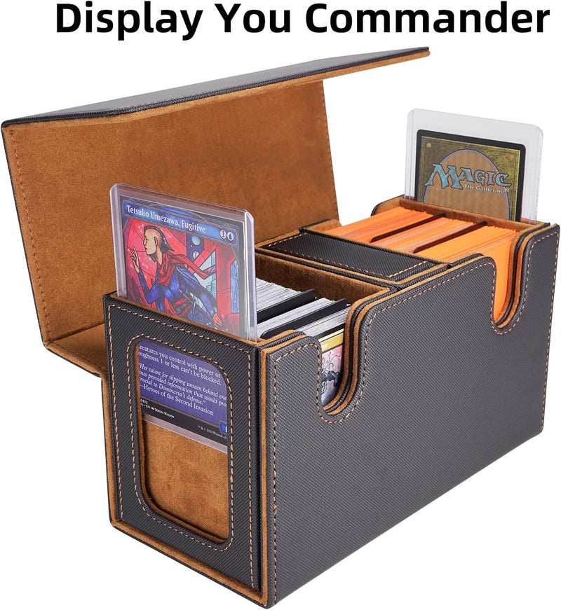 AFIING MTG Commander Deck Box 200 Double Sleeved Cards Storage, 3-in-1 Magnetic Card Case Organizer for Magic: The Gathering TCG CCG, 4 Dividers & 2 Toploaders (Black/Gold) - Image 2